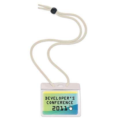 A Government Size 3 3/8 X 2 9/16 Horizontal Color-Bar Badge Holder with Lanyard (1860-280X) reading "Developer's Conference 2011," featuring a hand cursor icon pointing at the year.