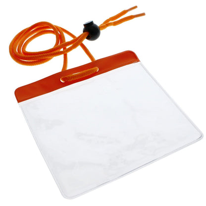 A 4x3 Inch Color Bar Event Badge with Adjustable Lanyard - Extra Large (Max Insert 4 3/8 X 3 1/2) Colored Name Badge with Matching Color Code Lanyard (1860-290X) with an orange top edge and an adjustable orange lanyard neck cord.