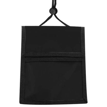 A Multi-Pocket Credential Neck Wallet with Lanyard (1860-300X) with a flap closure and strap loop for hanging, doubling as a credential neck wallet to keep your essentials organized.