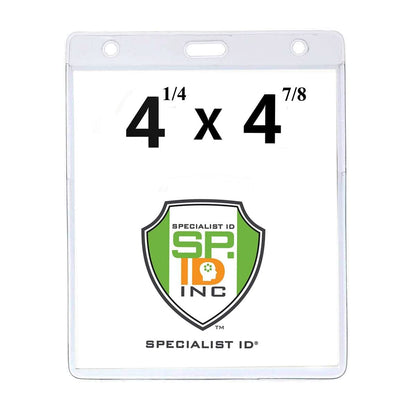 Two Pocket Event Badge Holder with 4x5 and 4x3 Sleeves - Clear Vertical Credential Holder (1860-4000) with the dimensions 4 1/4 inches by 4 7/8 inches, featuring the Specialist ID Inc. logo. This clear vertical event vinyl credential wallet includes two pockets measuring 4x5 and 4x3.