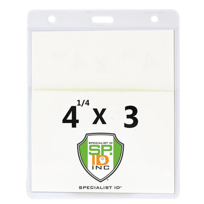 A Two Pocket Event Badge Holder with 4x5 and 4x3 Sleeves - Clear Vertical Credential Holder (1860-4000) displays the dimensions "4 1/4 x 3" and features a logo with "Specialist ID" and "SP INC" on it. This badge holder includes two pockets, 4x5 and 4x3, making it perfect for organizing your essentials.