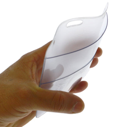 A hand holding a translucent smartphone case slightly bent, showcasing its flexibility, much like the durability of a Two Pocket Event Badge Holder with 4x5 and 4x3 Sleeves - Clear Vertical Credential Holder (1860-4000) with clear front and back.