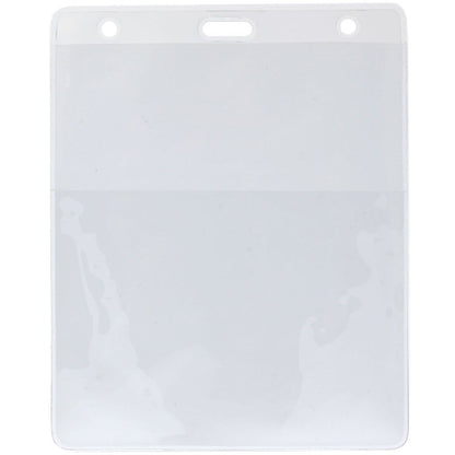 A clear plastic badge holder with a top slot and two side holes for attaching to a lanyard or clip. This Two Pocket Event Badge Holder with 4x5 and 4x3 Sleeves - Clear Vertical Credential Holder (1860-4000), featuring clear front and back, is set against a white background.