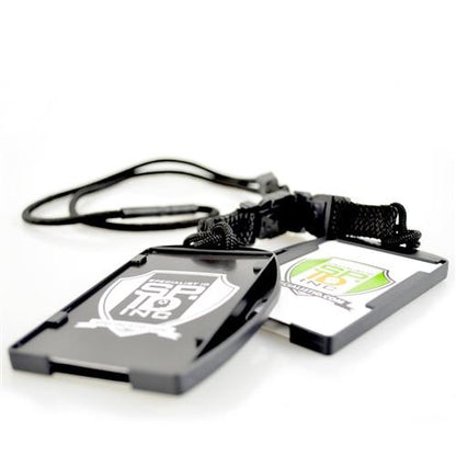 Two EK Lanyard with Two Dual Card Holders 19550, featuring printed logos. Sold by Specialist ID.