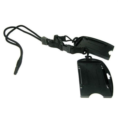 EK Lanyard with Two Dual Card Holders 19550 connected by a black strap, doubling as ID badge holders for convenience on the go. Sold by Specialist ID.