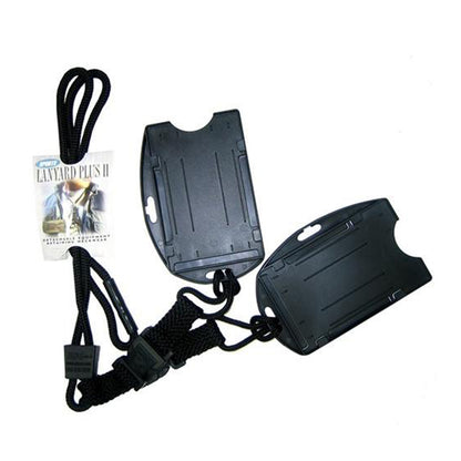 Two black plastic ID badge holders attached to black lanyards, with one lanyard featuring an "EK Lanyard with Two Dual Card Holders 19550" tag. Sold by Specialist ID.