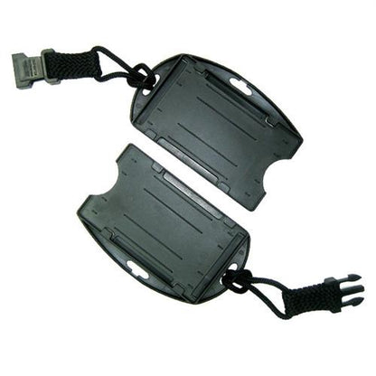 Two black plastic EK Lanyard with Two Dual Card Holders 19550, one open to show the interior compartments, each attached to a piece of cord with a side-release clasp and compatible with ID badge holders.