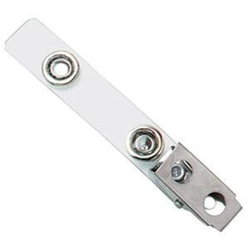 A 2-Hole Strap Clip with Large 7/16" Snaps with a rectangular strip, two circular holes, and a screw, likely used for mounting or securing objects. Sold by Specialist ID.
