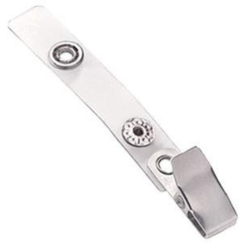 A Smooth-Face Strap Clip with two circular holes, a clear vinyl strap, and a nickel-plated steel clasp at the end. Sold by Specialist ID.