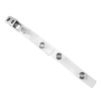 A 2-Hole Strap Clip with Double Strap featuring a durable nickel-plated steel clip and three metal snaps, perfect for securing multiple ID cards.