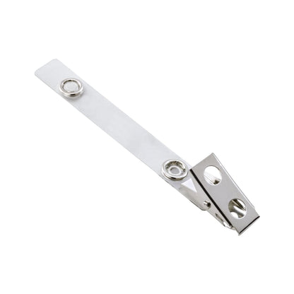 A metal joint connector with two holes and a screw in the middle is pictured against a plain white background, resembling the structure of an ID Badge Clip with Long 3 1/2 Inch Vinyl Strap (2105-3100) used for ID cards.