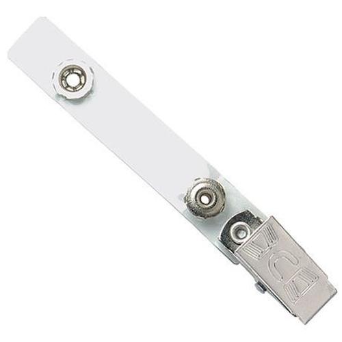 A Strap Clip with Permanent Locking Snap Clip, featuring a vinyl strap and a nickel-plated steel swivel clasp, with a snap button fastener. Sold by Specialist ID.