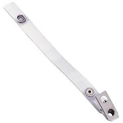 A 2-Hole Strap Clip with 5 3/4" Strap, featuring a long, straight design, a circular joint halfway along its nickel-plated steel arm bracket, and a bent end with two holes and a screw for attachment.