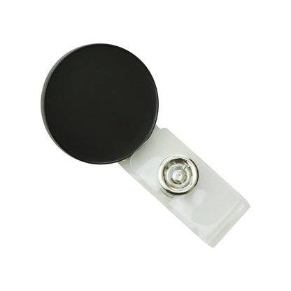A Round Black Logo Non-Retractable Reel (P/N 2105-4001) with a silver button and a custom imprint.