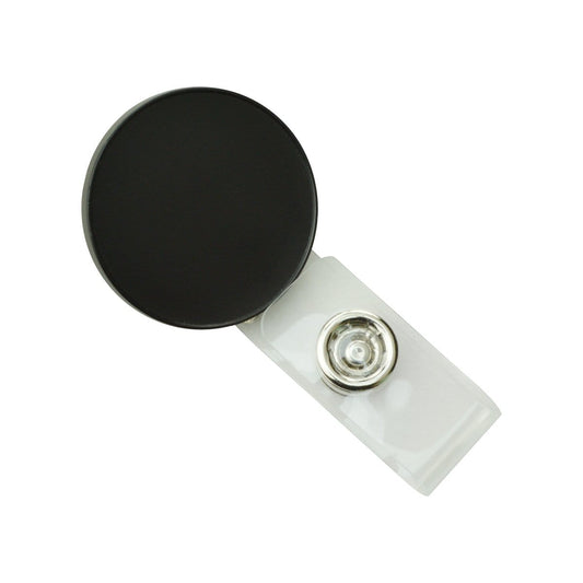 A Round Black Logo Non-Retractable Reel (P/N 2105-4001) with a silver button and a custom imprint.