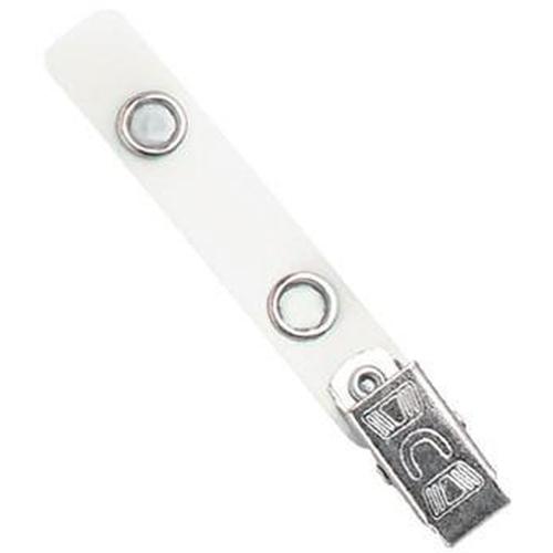 A white plastic Embossed "U" Clip with two nickel-plated button snaps and a metal clip. Sold by Specialist ID.