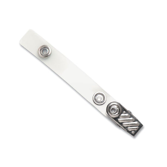 A white identification badge strap with Mylar Strap Clip With 1-Hole Ribbed-Face Nps Clip (2110-1213).