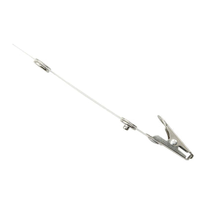 A metal clip attached to a white cord with small metal loops and a Mylar Strap Clip With 1-Hole Ribbed-Face Nps Clip (2110-1213) fastener.