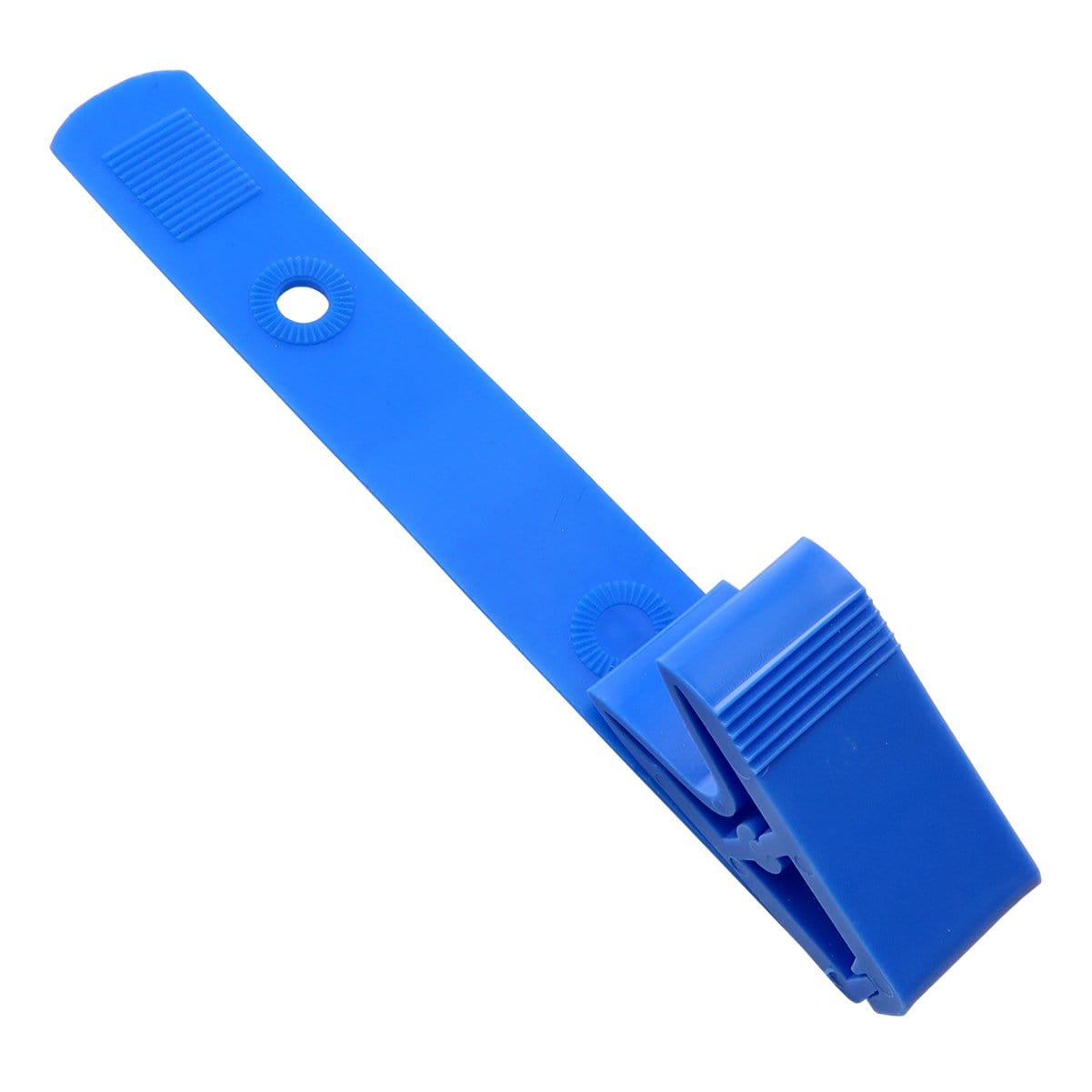 A Colored Blue Plastic Strap Clips with Knurled Thumb Grip - No Metal / All Plastic (2115-200X), featuring a metal-free construction and a built-in clip for holding badge credentials.