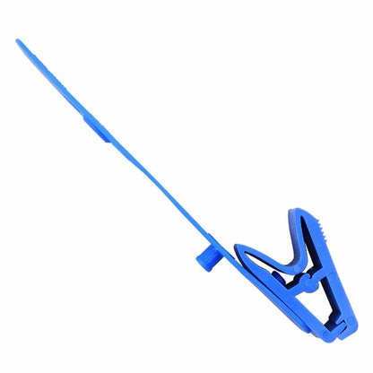A blue colored plastic strap clip with an extended arm and a knurled thumb grip, ideal for securely holding papers or lightweight items in place. This metal-free design ensures durability and convenience.