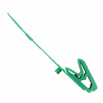 A Colored Green Plastic Strap Clip with Knurled Thumb Grip - No Metal / All Plastic (2115-200X) lies flat on a white background. Sold by Specialist ID.