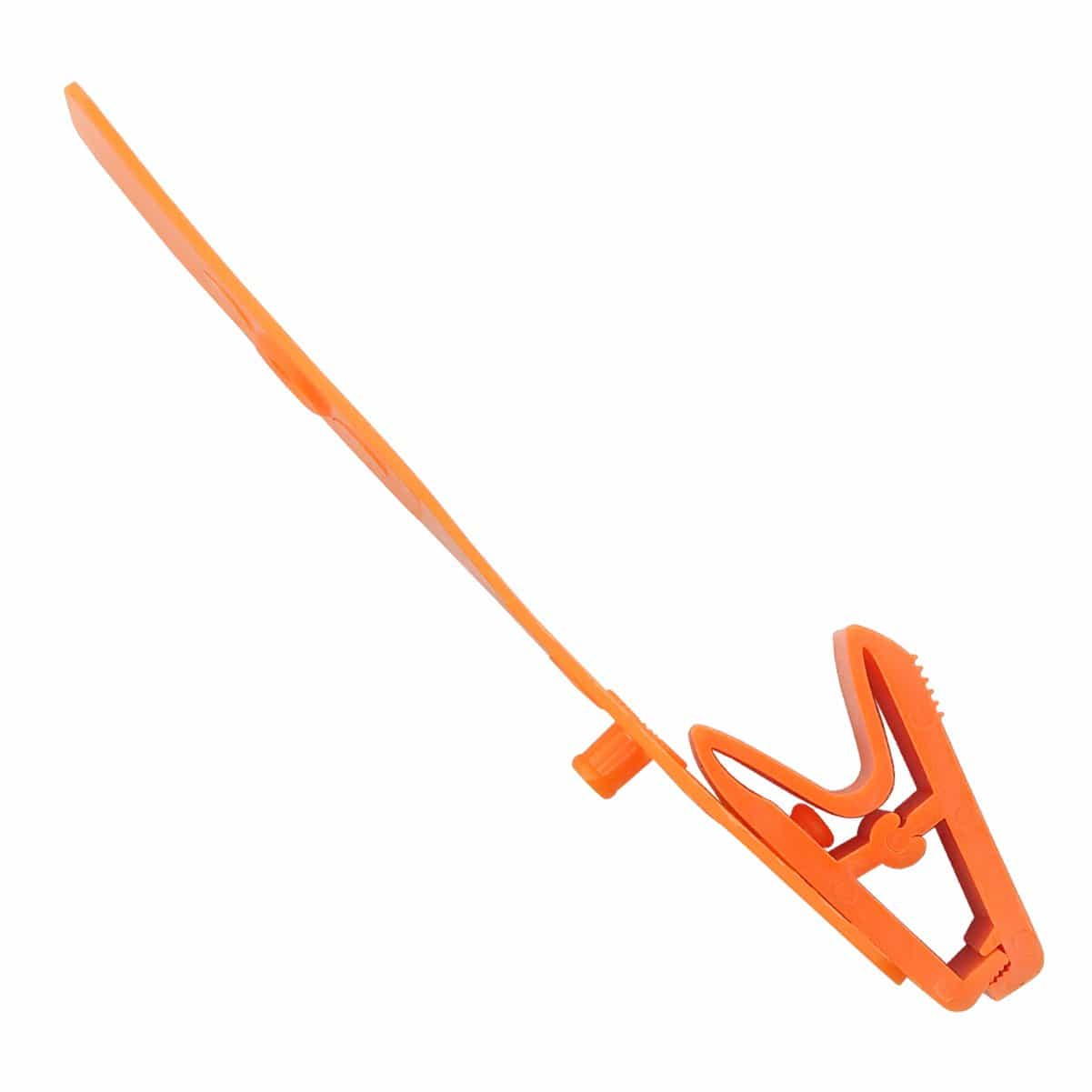 A Colored Orange Plastic Strap Clip with Knurled Thumb Grip - No Metal / All Plastic (2115-200X) with a long handle and gripping mechanism, featuring a knurled thumb grip for ease of use, commonly used for securing badge credentials. Metal-free design ensures it’s safe for various applications.