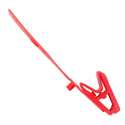 A red Colored Plastic Strap Clip with an extended ID strap for securing ID badge credentials, featuring a knurled thumb grip clip, isolated on a white background. Sold by Specialist ID.