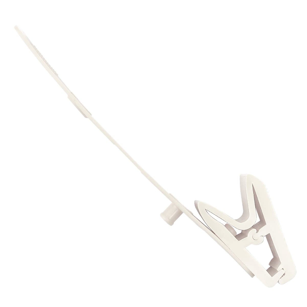 A white plastic grip clip with a spring mechanism, elongated strap, and a Knurled Thumb pinch Grip to securely hold ID badge credentials - No Metal / All Plastic (2115-200X) for added convenience.