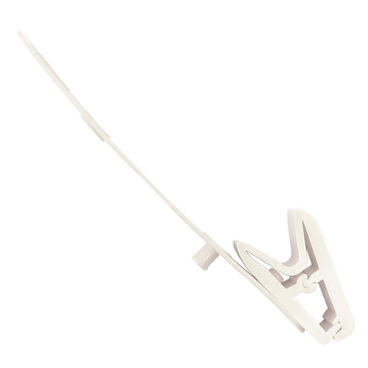 A white plastic grip clip with a spring mechanism, elongated strap, and a Knurled Thumb pinch Grip to securely hold ID badge credentials - No Metal / All Plastic (2115-200X) for added convenience.