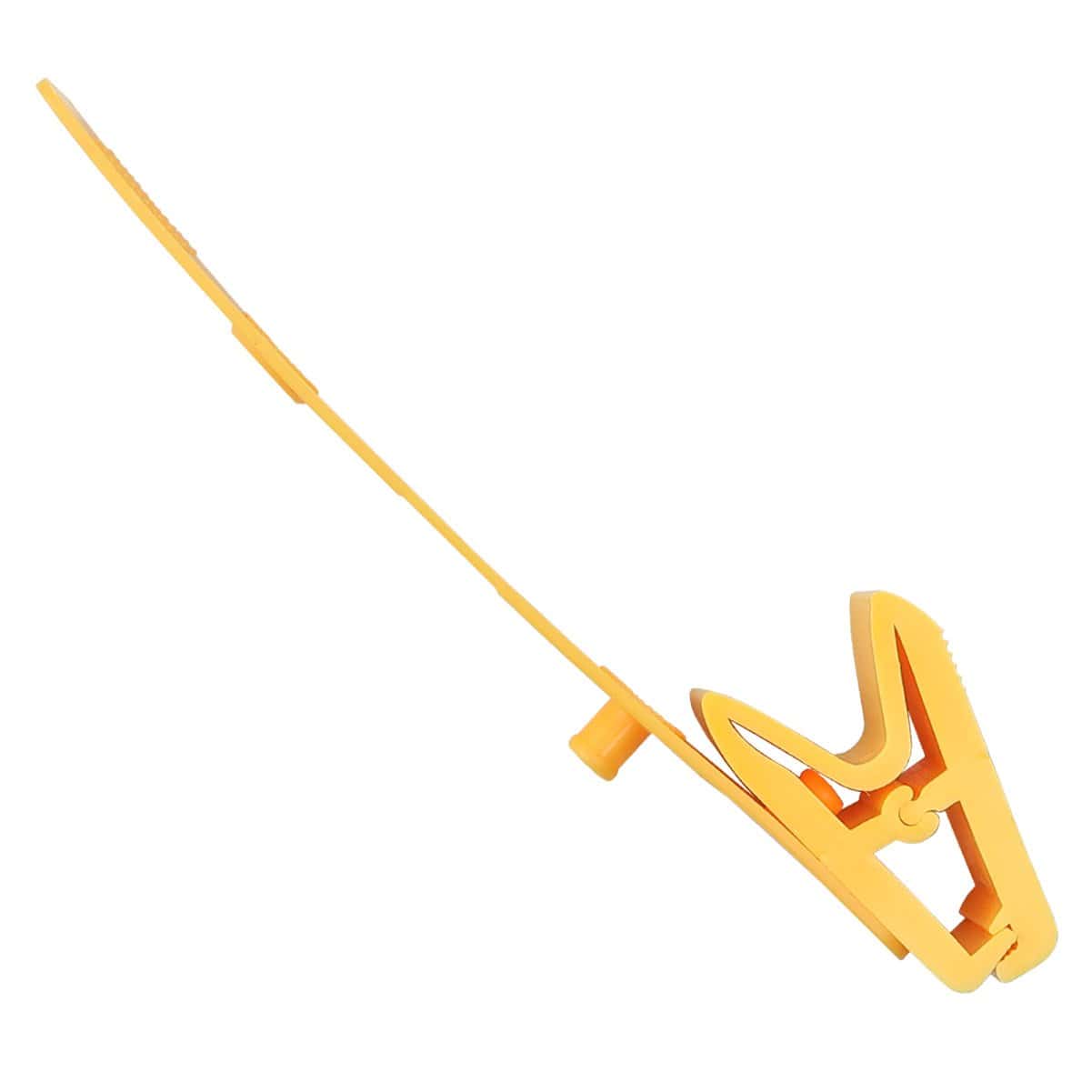A Colored Yellow Plastic Strap Clips with Knurled Thumb Grip - No Metal / All Plastic (2115-200X) with a long, narrow ID strap and a V-shaped clamp end, featuring a knurled thumb grip for securing ID badge credentials effortlessly.