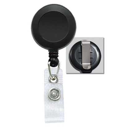 Badge Reel With Reinforced Vinyl Strap and Belt Clip (P/N 2120-300X) with a black circular body, metal belt clip on the back for attachment, and a clear reinforced vinyl strap with a metal snap for securing badges.