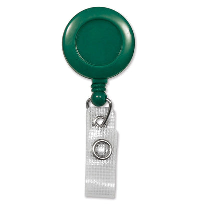 A green Badge Reel With Reinforced Vinyl Strap and Belt Clip (P/N 2120-300X) with a reinforced vinyl strap and metal belt clip. Sold by Specialist ID.