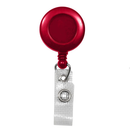 A red, Badge Reel With Reinforced Vinyl Strap and Belt Clip (P/N 2120-300X) features a reinforced vinyl strap and a sturdy metal belt clip. Sold by Specialist ID.