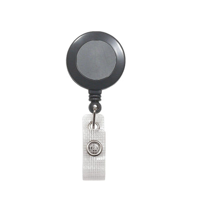 A Badge Reel With Reinforced Vinyl Strap and Belt Clip (P/N 2120-300X) with a silver clip and a reinforced vinyl strap. Sold by Specialist ID.