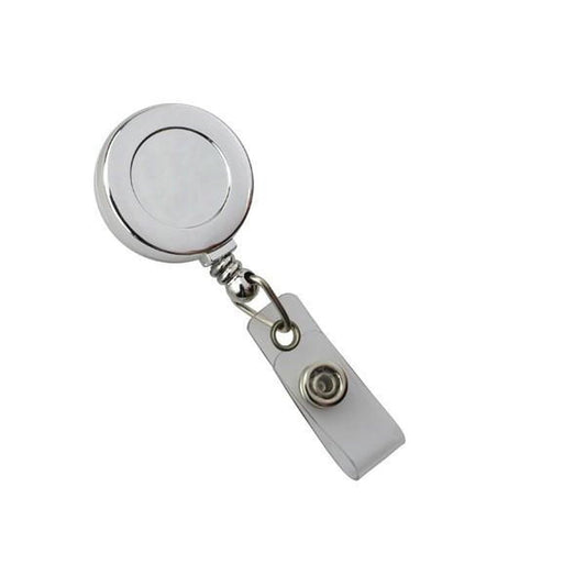 A Silver Chrome Plastic Badge Reel with Belt Clip (P/N 2120-3030), featuring a circular top and a clear vinyl strap, with a clip attached at the end.