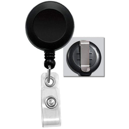 A Badge Reel with Belt Clip (P/N 2120-303X) with a clear plastic snap-on strap and a durable metal belt clip, shown from the front and back.