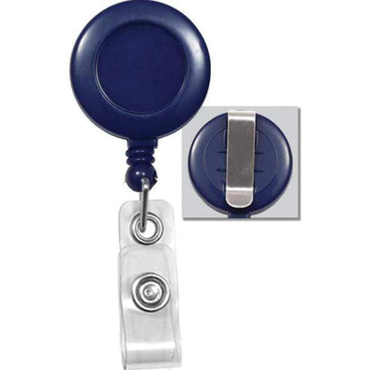 A Badge Reel with Belt Clip (P/N 2120-303X) with a navy blue circular casing and a sturdy belt clip on the back, featuring a clear plastic strap with a snap button for holding a badge or ID card.