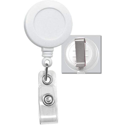 Badge Reel with Belt Clip (P/N 2120-303X) with a belt clip and clear plastic strap.