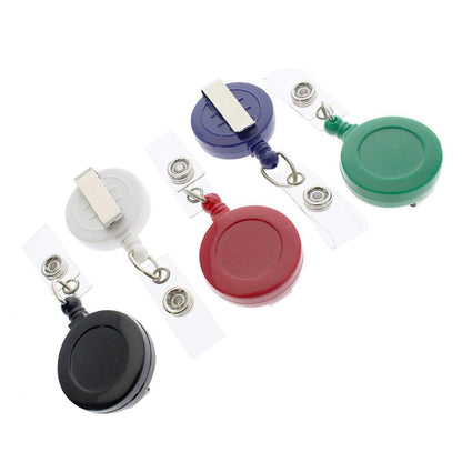 Four Badge Reels with Belt Clip (P/N 2120-303X) in white, blue, green, red, and black are arranged in a row. Each badge reel features a belt clip and a clear plastic strap with a snap button for conveniently attaching badges.