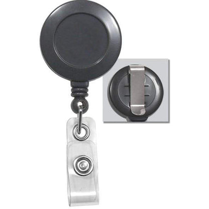 A Badge Reel with Belt Clip (P/N 2120-303X), featuring a clear strap and a sturdy silver metal belt clip. Displayed from both the front and back, this versatile badge reel ensures easy access and secure attachment.