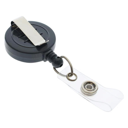 A Badge Reel with Belt Clip (P/N 2120-303X) with a black plastic casing, a metal belt clip on the back, and a clear plastic loop with a metal snap for attaching an ID card.