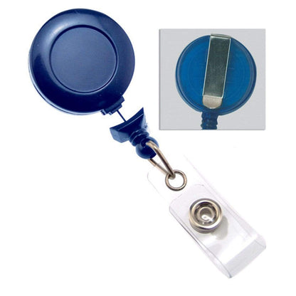A blue "No Twist" Badge Reel With Clear Vinyl Strap And Belt Clip (P/N 2120-305X) featuring a metal belt clip and a clear vinyl strap for secure card holding. Sold by Specialist ID.