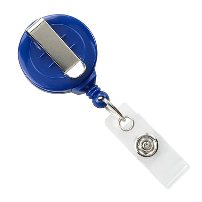A "No Twist" Badge Reel With Clear Vinyl Strap And Belt Clip (P/N 2120-305X) featuring a silver belt clip and a clear vinyl strap with a metal snap button. Sold by Specialist ID.