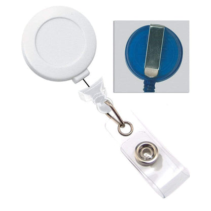 A "No Twist" Badge Reel With Clear Vinyl Strap And Belt Clip (P/N 2120-305X). Inset shows the back of the reel with the metal belt clip visible. Sold by Specialist ID.