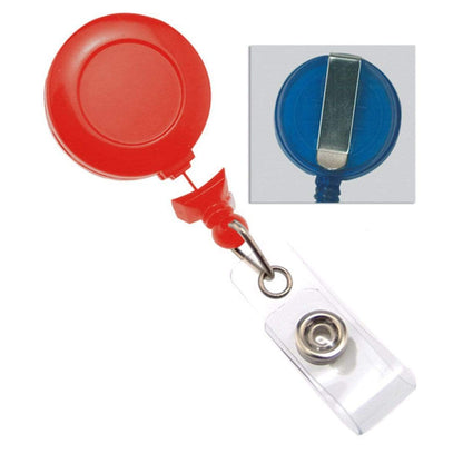 Red "No Twist" Badge Reel With Clear Vinyl Strap And Belt Clip (P/N 2120-305X) featuring a snap button for attaching an ID or keycard. Top inset shows the secure metal clip on the back of the badge holder.