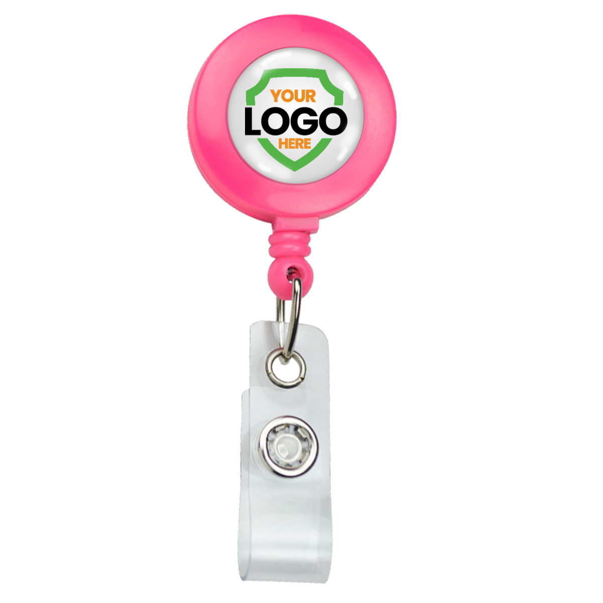 A Neon Custom Badge Reel With Belt Clip (P/N 2120-308X) - Add Your Logo, featuring a customizable area for your brand logo, perfect for promotional staff. Sold by Specialist ID.