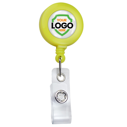 A yellow retractable badge holder with a clear strap, featuring a circular area that says "Your Logo Here." Ideal for promotional staff, the Neon Custom Badge Reel With Belt Clip (P/N 2120-308X) - Add Your Logo is perfect for showcasing your brand logo.
