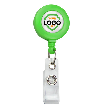 Neon Custom Badge Reel With Belt Clip (P/N 2120-308X) - Add Your Logo with a white circular area for your brand logo at the center. A clear plastic clip is attached at the bottom for securing an ID or badge. Ideal for promotional staff, these custom badge reels enhance both functionality and brand visibility.
