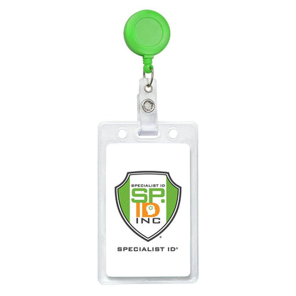 Neon badge reel attached to clear badge holder with sample Specialist ID card