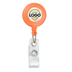 A Neon Custom Badge Reel With Belt Clip (P/N 2120-308X) - Add Your Logo with an orange circular casing and clear plastic clip, featuring a blank space for inserting a brand logo. Sold by Specialist ID.